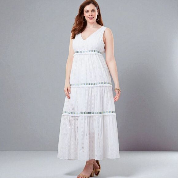 NEW Roamans 24W Dress White Cotton Embroidered Eyelet Tiered Maxi - Picture 1 of 10